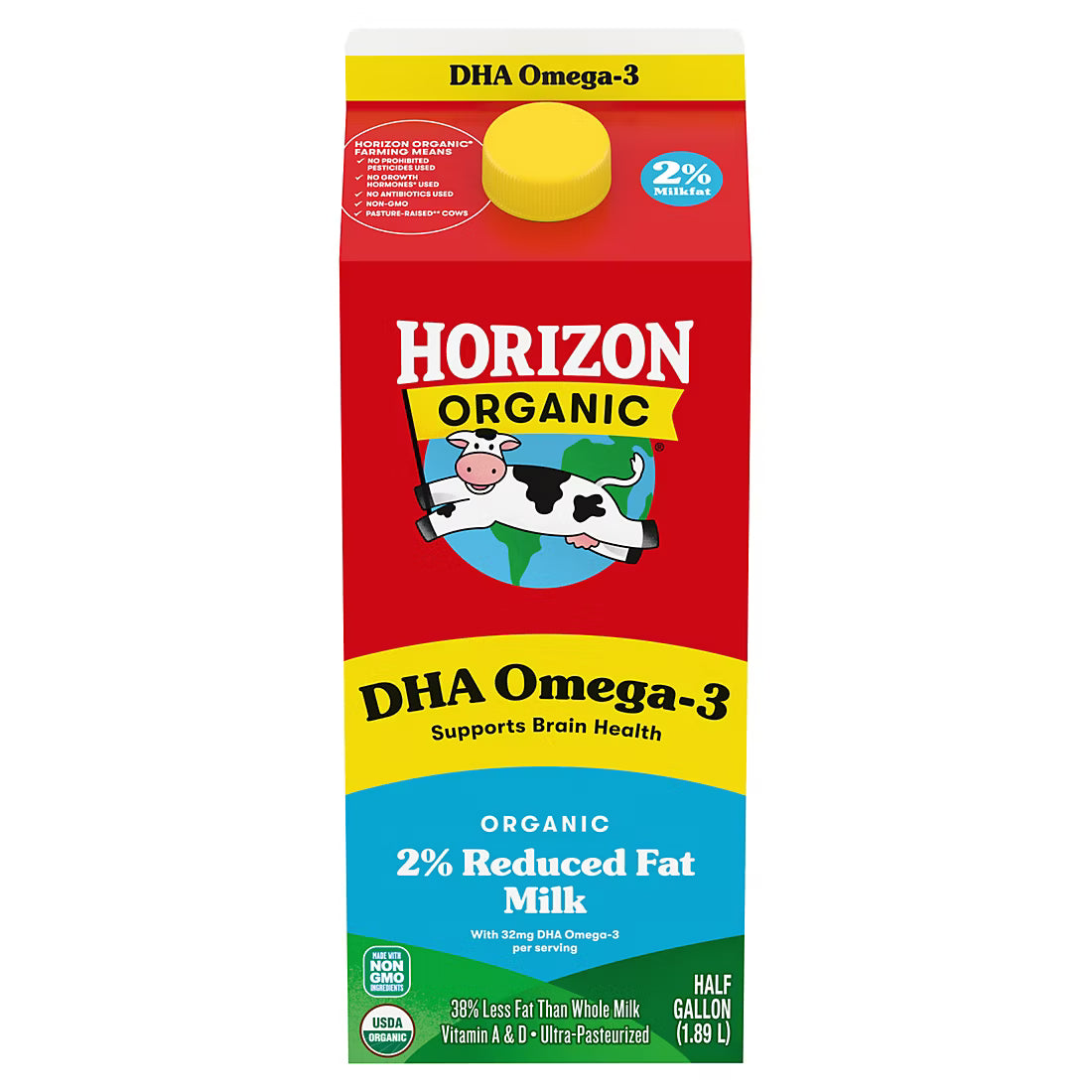 Horizon Organic DHA Omega-3 Milk, DHA 2 Percent Milk, Half Gallon Carton-64 fl. oz.